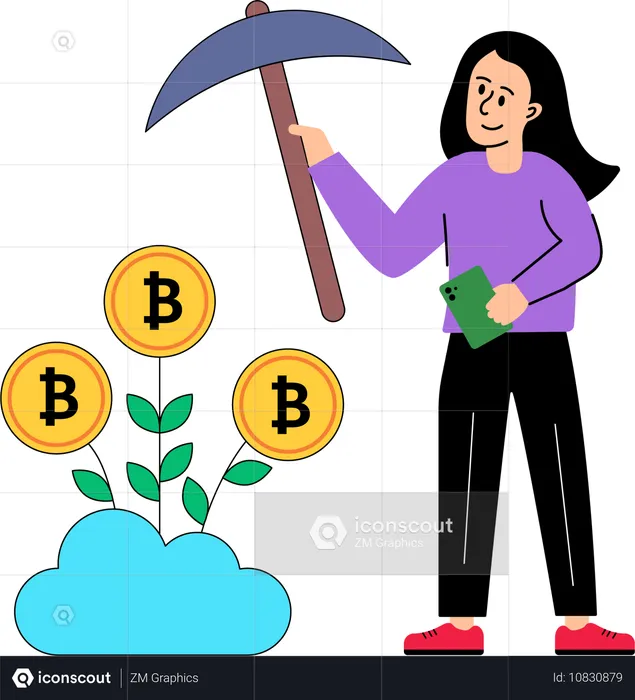 Une femme fait du minage de crypto-monnaies dans le cloud  Illustration