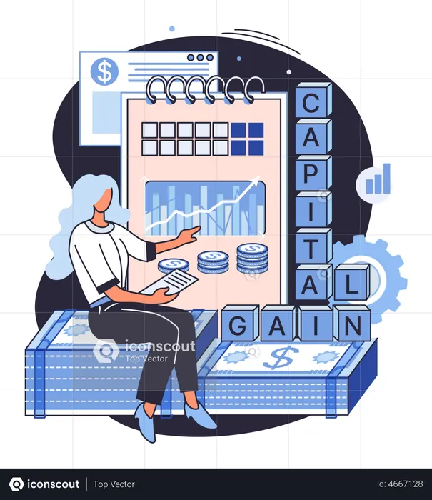 Femme faisant une analyse sur le gain en capital  Illustration