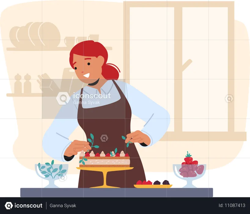 Femme faisant de la décoration de gâteau  Illustration