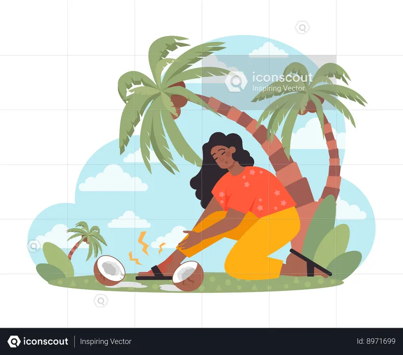 Femme blessée, la fille souffre d'une jambe blessée. Mauvaise expérience de vacances  Illustration