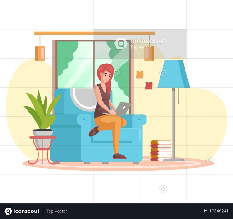 Une travailleuse indépendante assise à la maison pour terminer son travail de bureau  Illustration