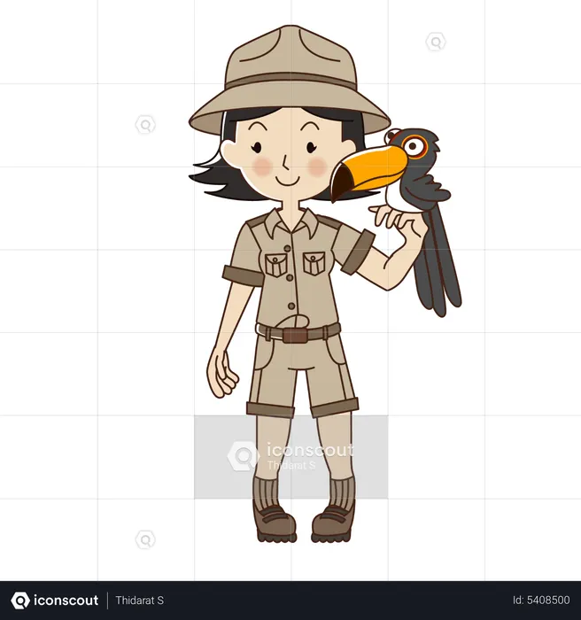 Femme gardien de zoo avec Toucan  Illustration