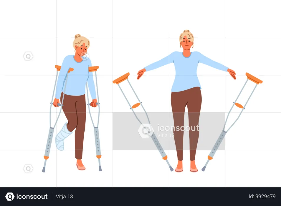 Une femme handicapée avec une jambe cassée jette des béquilles après une rééducation et des procédures en clinique  Illustration