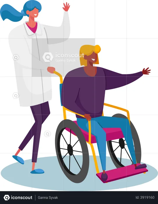 Fauteuil roulant pour femme handicapée avec assistance d'une infirmière ou d'un médecin thérapeute  Illustration