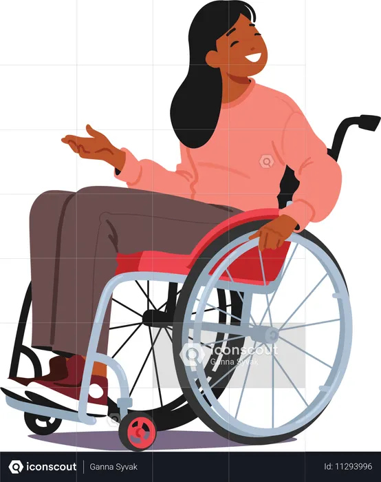 Femme souriante et inclusive, handicapée, utilisant un fauteuil roulant pour se déplacer  Illustration