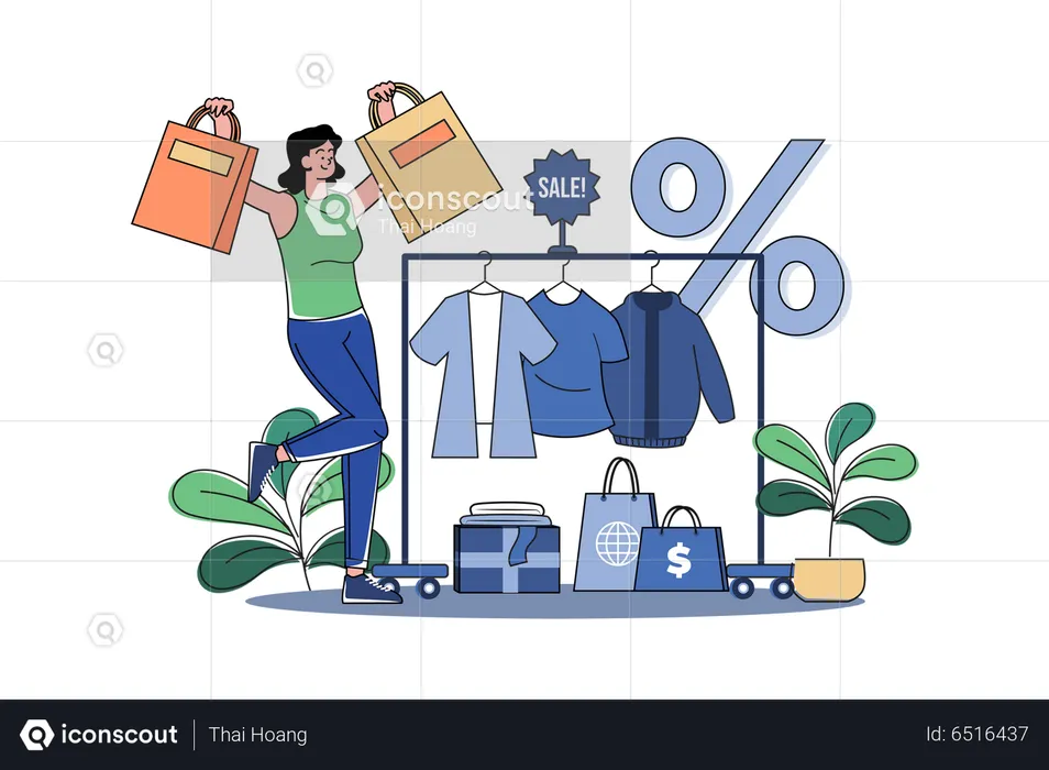 Femme heureuse faisant du shopping en tissu et obtenant une réduction sur les vêtements  Illustration