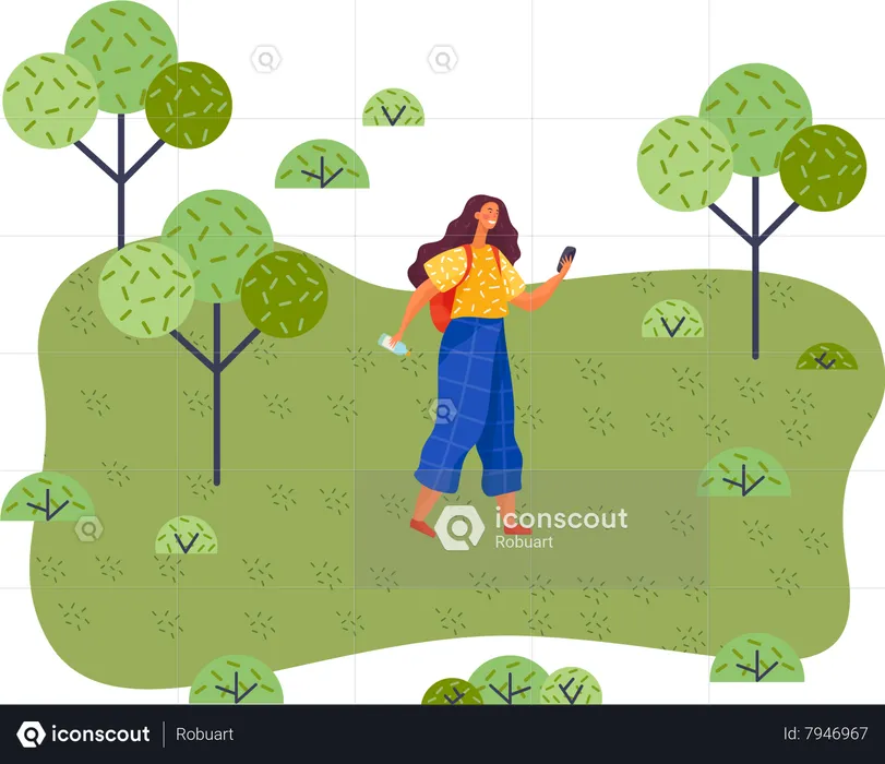 Une femme heureuse marche dans le parc par une journée ensoleillée  Illustration