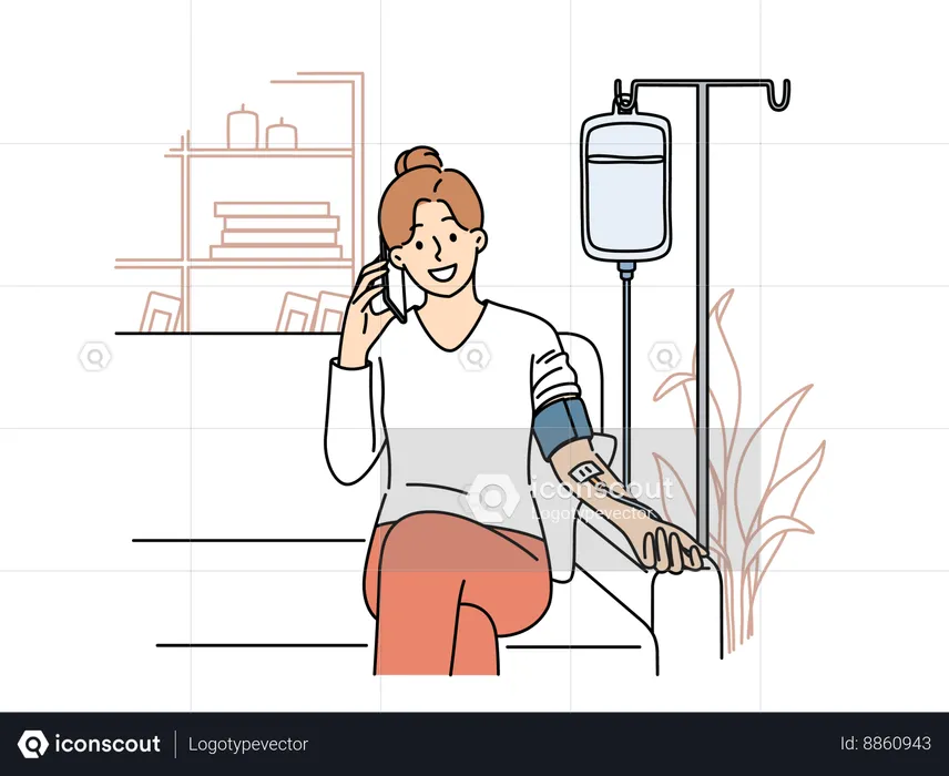 Femme heureuse recevant un compte-gouttes avec des vitamines assise sur un canapé à la maison et parlant au médecin au téléphone  Illustration