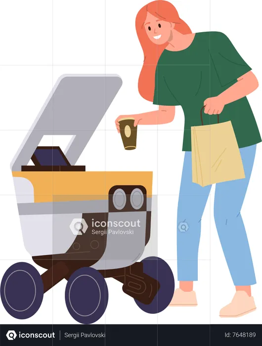 Femme heureuse recevant un paquet de restauration rapide et du café livré par une machine robotique  Illustration