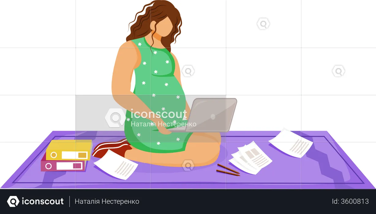 Femme indépendante enceinte avec ordinateur portable faisant son travail  Illustration