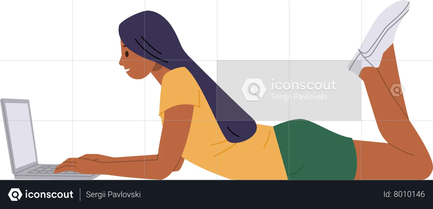 Femme indépendante travaillant à distance avec un ordinateur portable en position couchée sur le sol  Illustration