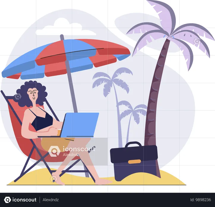 Femme indépendante travaillant depuis la plage  Illustration