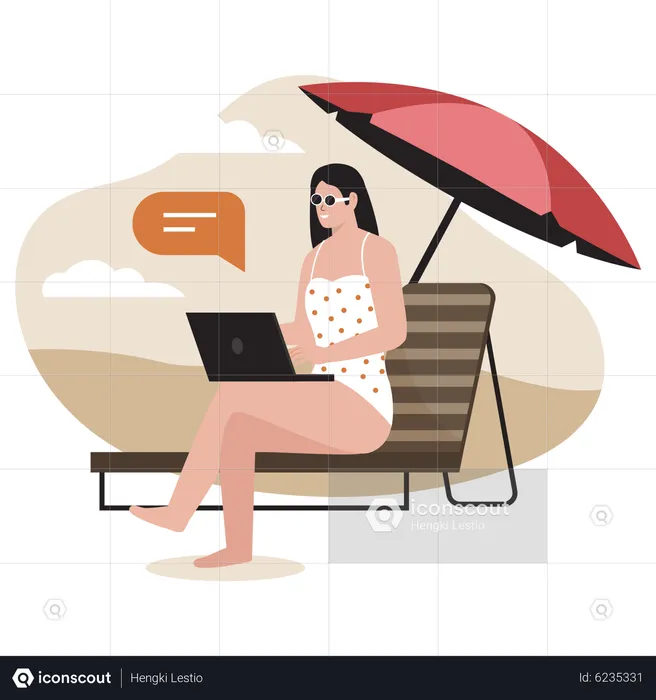 Femme indépendante travaillant depuis la plage  Illustration