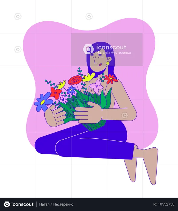 Femme indienne sud-asiatique survivante prospère embrassant un bouquet  Illustration