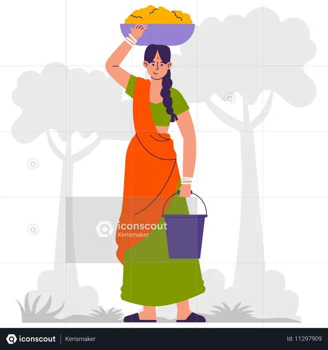 Femme indienne traditionnelle transportant de la boue et un seau  Illustration