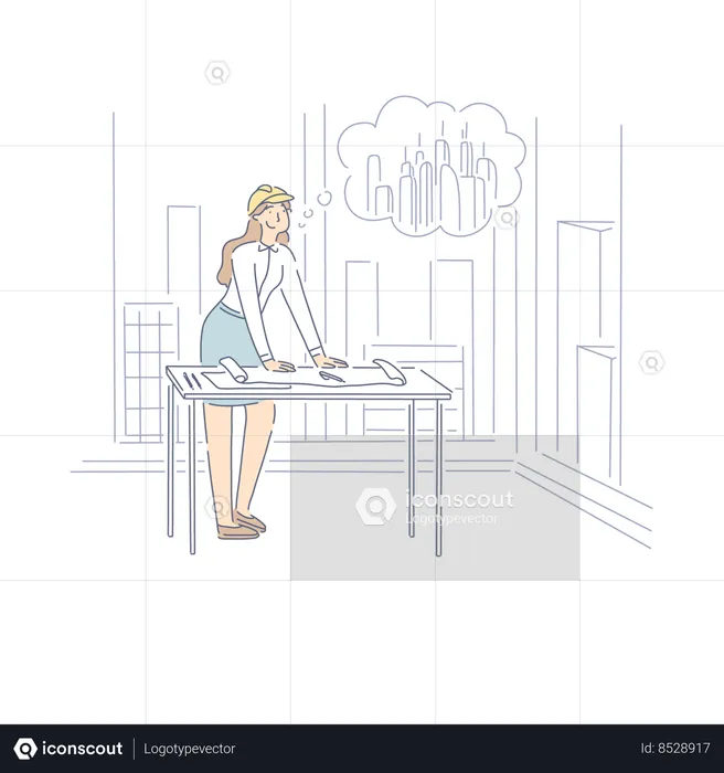 Femme ingénieur rêvant de construire un gratte-ciel en ville  Illustration