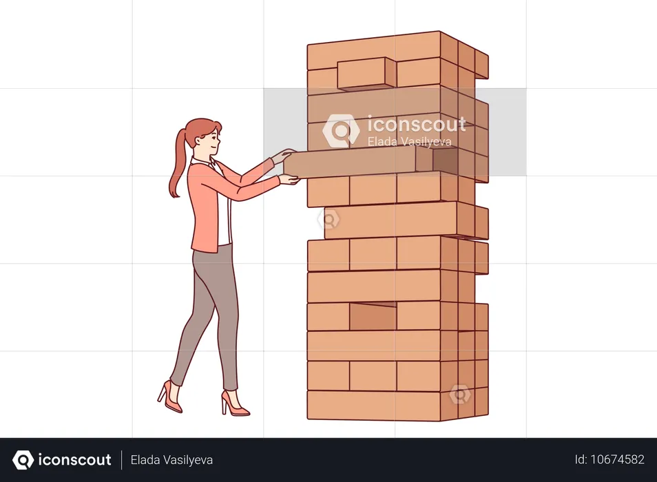 Une femme joue au jeu Jenga et tire des blocs d'une tour géante  Illustration