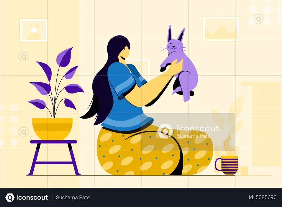 Femme jouant avec un chat à la maison  Illustration