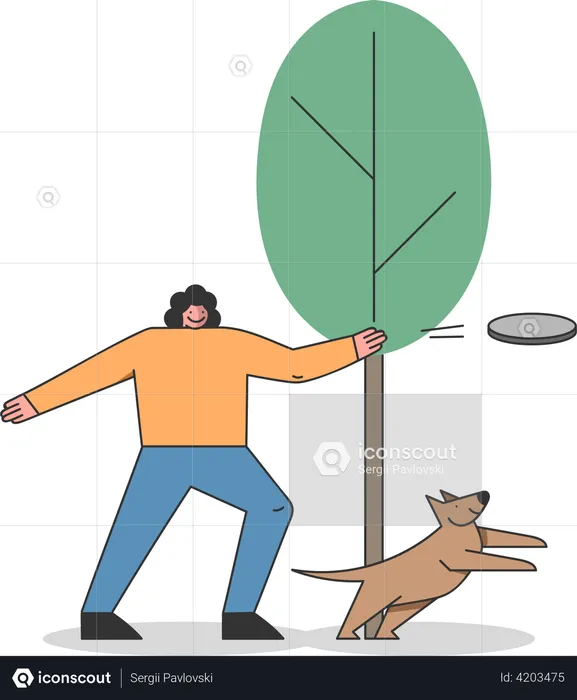 Femme jouant avec un chien en lançant un frisbee  Illustration