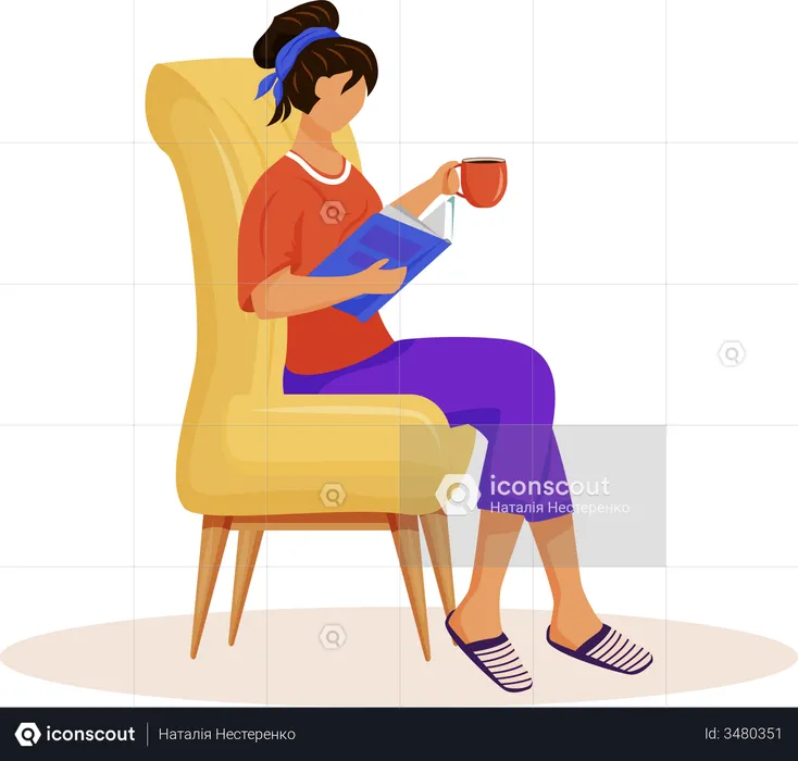 Femme lisant un livre avec du café  Illustration