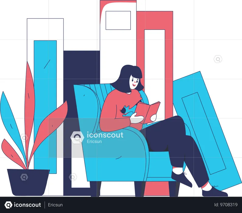 Une femme lit un livre tout en se relaxant sur un canapé  Illustration