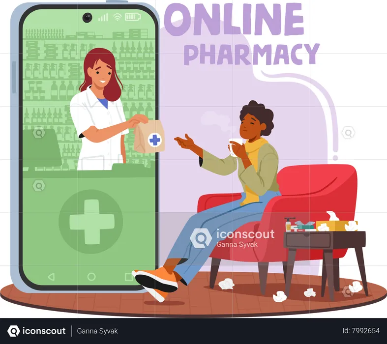 Une femme malade commande des médicaments dans une pharmacie en ligne  Illustration