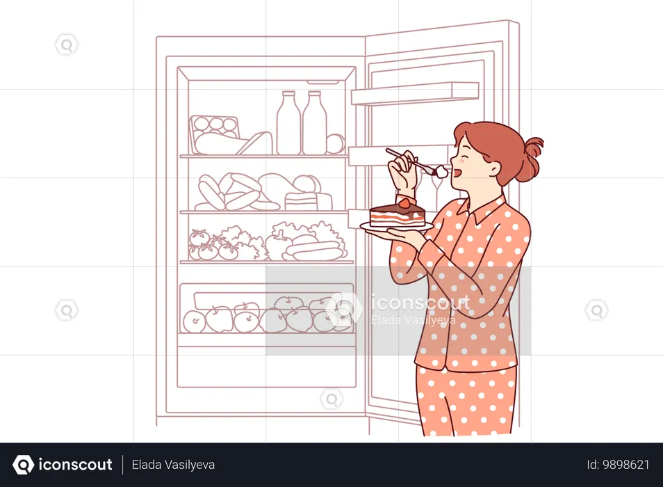 Une femme mange du gâteau la nuit, debout en pyjama près d'un réfrigérateur ouvert et risquant de devenir en surpoids  Illustration