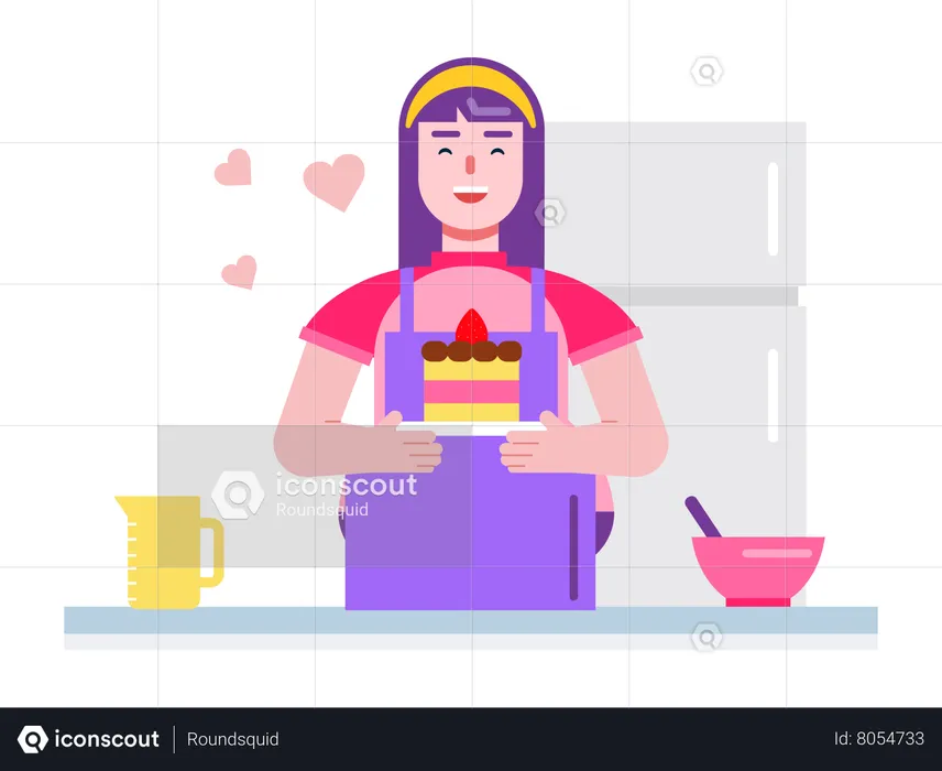 Femme avec un gâteau pâtissier à la main souriant à la boulangerie  Illustration