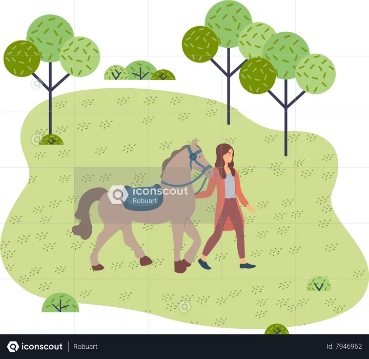 Femme qui marche avec un cheval dans le parc  Illustration