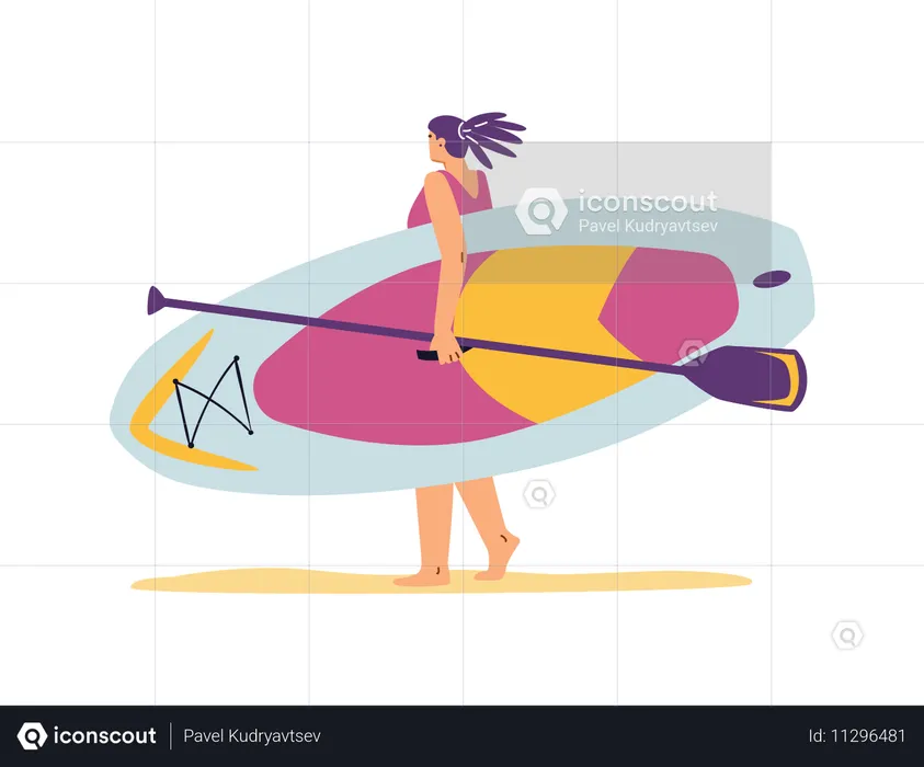 Femme marchant sur le sable avec une planche de SUP et une pagaie  Illustration