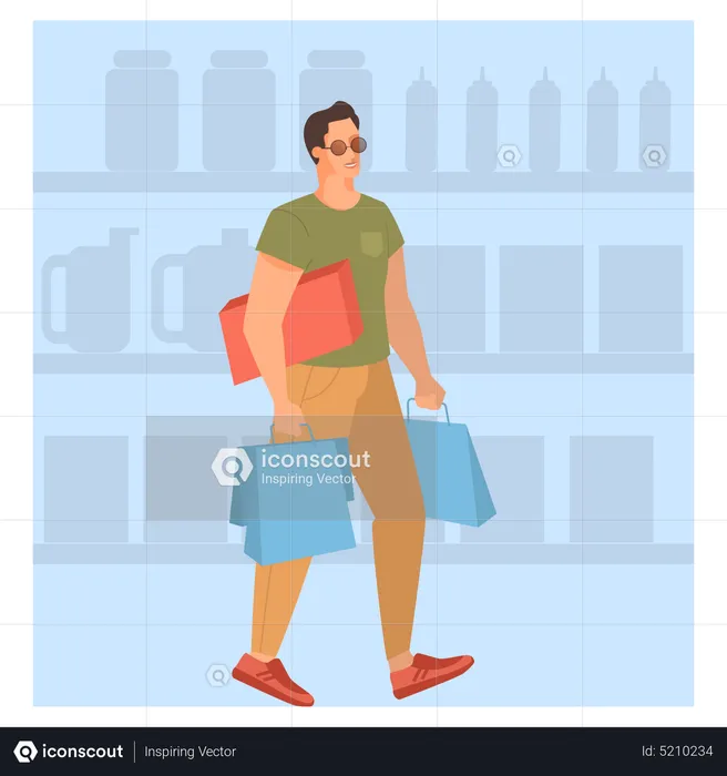 Femme qui marche avec panier dans un supermarché  Illustration