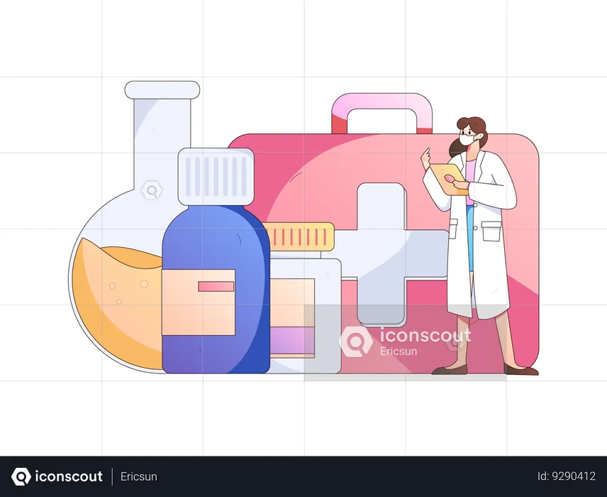 Femme médecin debout avec boîte de médicaments et de premiers secours  Illustration