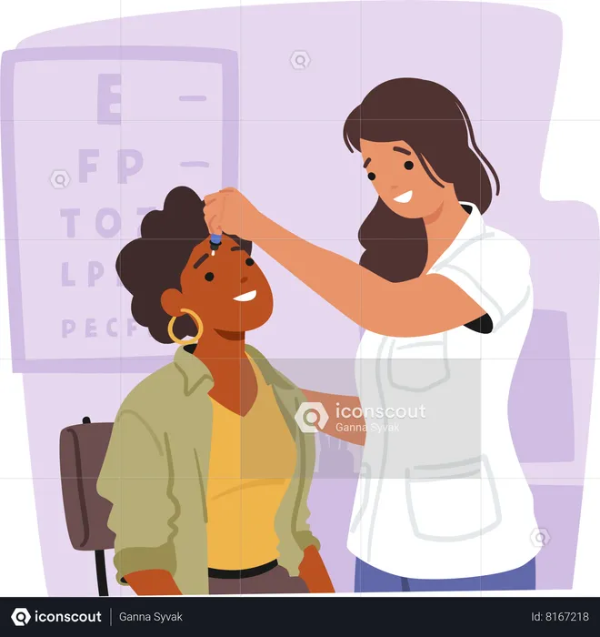 Une femme médecin dégouline de gouttes dans les yeux d'un patient souffrant de DES  Illustration