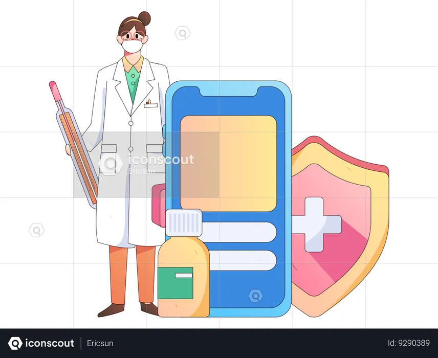 Femme médecin donnant des médicaments en ligne  Illustration