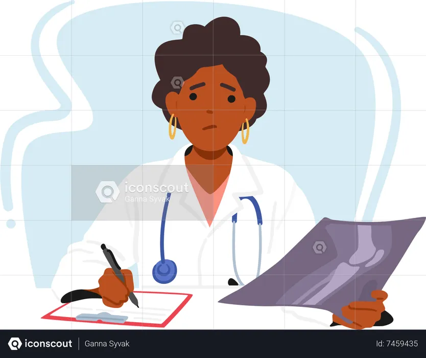 Femme médecin fatiguée analysant une image radiographique à son bureau  Illustration