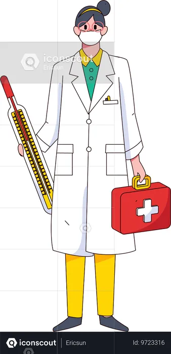 Femme médecin tenant une trousse médicale et un thermomètre  Illustration