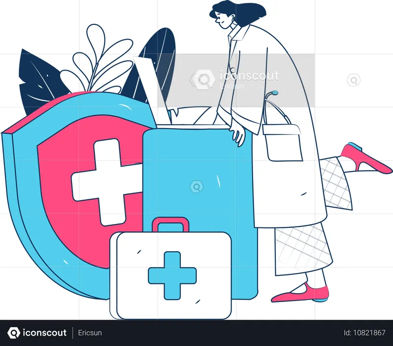 Femme médecin travaillant sur un ordinateur portable pour une assurance médicale  Illustration