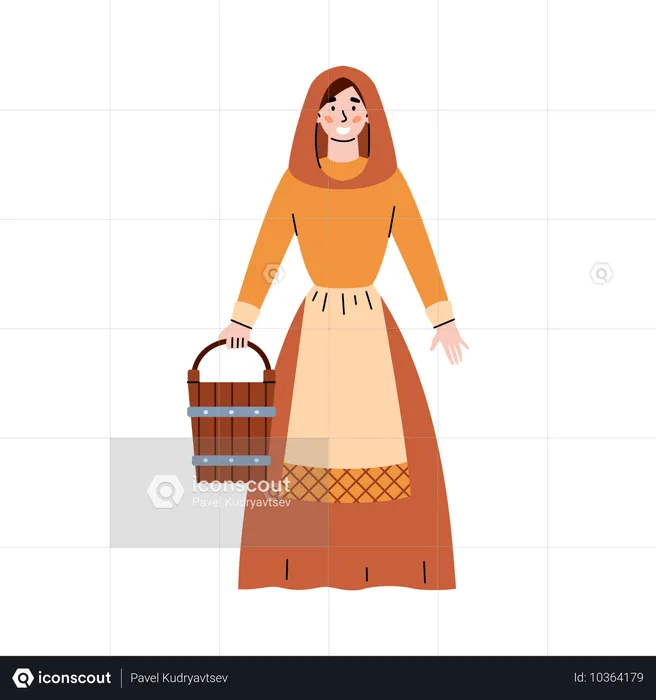 Femme médiévale européenne avec un seau en bois  Illustration