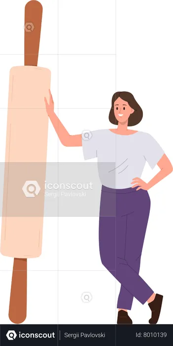 Femme heureuse tenant un appareil de cuisine à rouleau à pâtisserie en bois pour boulangerie  Illustration