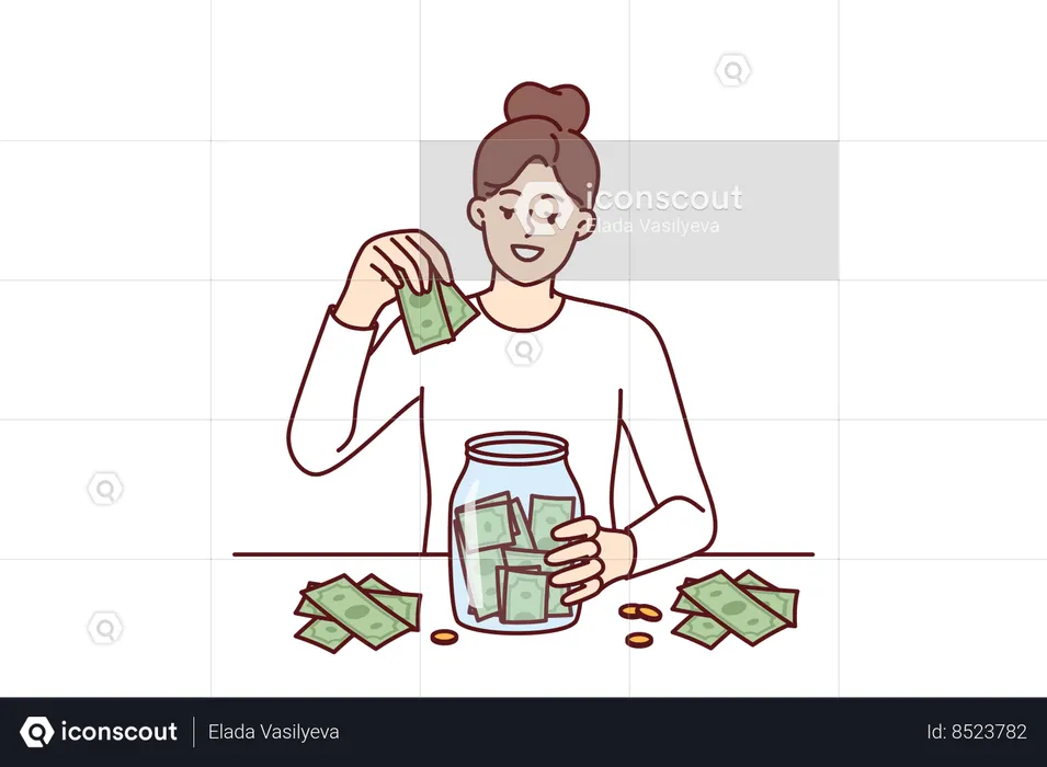 Une femme met de l'argent dans un pot  Illustration