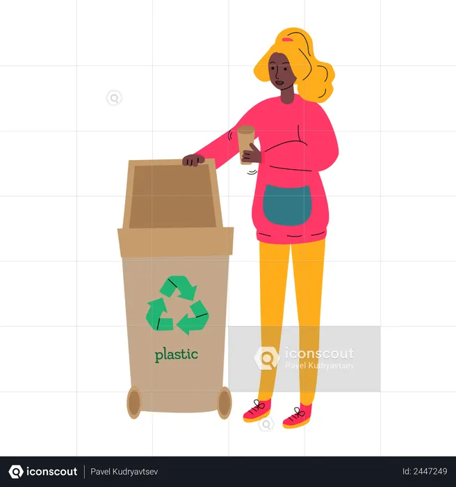 Femme mettant un gobelet en plastique dans le bac de recyclage  Illustration