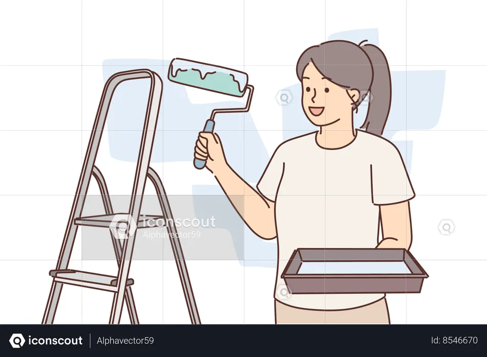 Une molaire de femme avec un rouleau pour peindre les murs se tient près d'une échelle effectuant des réparations dans l'appartement  Illustration