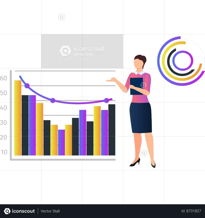 Femme montrant la pente descendante du graphique à barres  Illustration