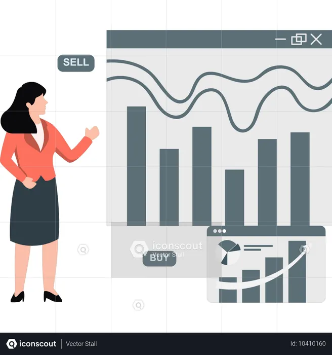 Une femme montre un graphique de vente et d'achat sur le marché boursier  Illustration