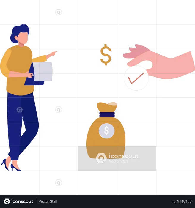 Femme pointant sur un sac en dollars  Illustration