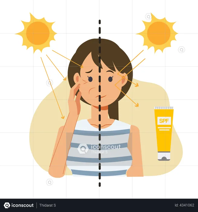 Femme montrant une comparaison sur l'utilisation et la non-utilisation d'un produit de protection solaire  Illustration