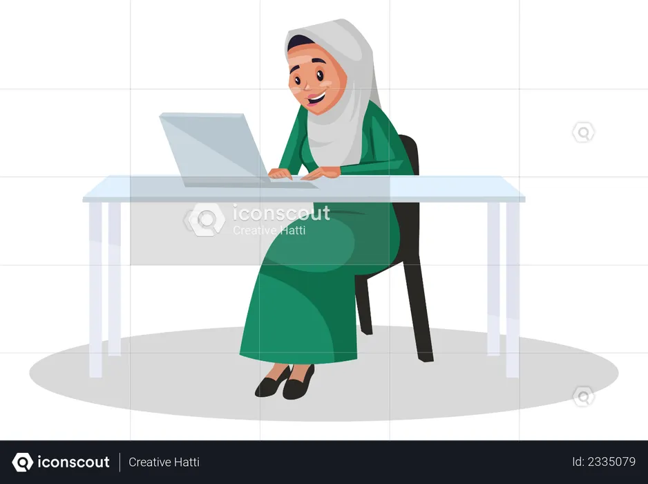Femme musulmane assise sur une chaise et travaillant sur un ordinateur portable  Illustration