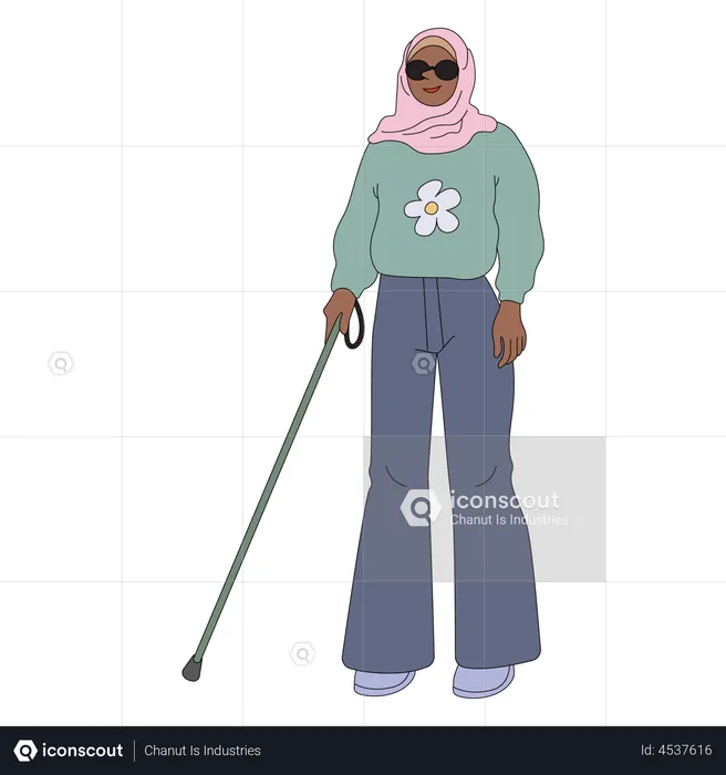 Femme musulmane aveugle marchant avec l'aide d'un bâton  Illustration