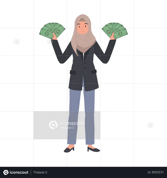 Femme musulmane en hijab tenant un éventail d'argent à deux mains  Illustration