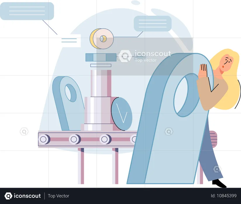 Une femme observe le processus de travail d'un équipement de convoyeur industriel  Illustration